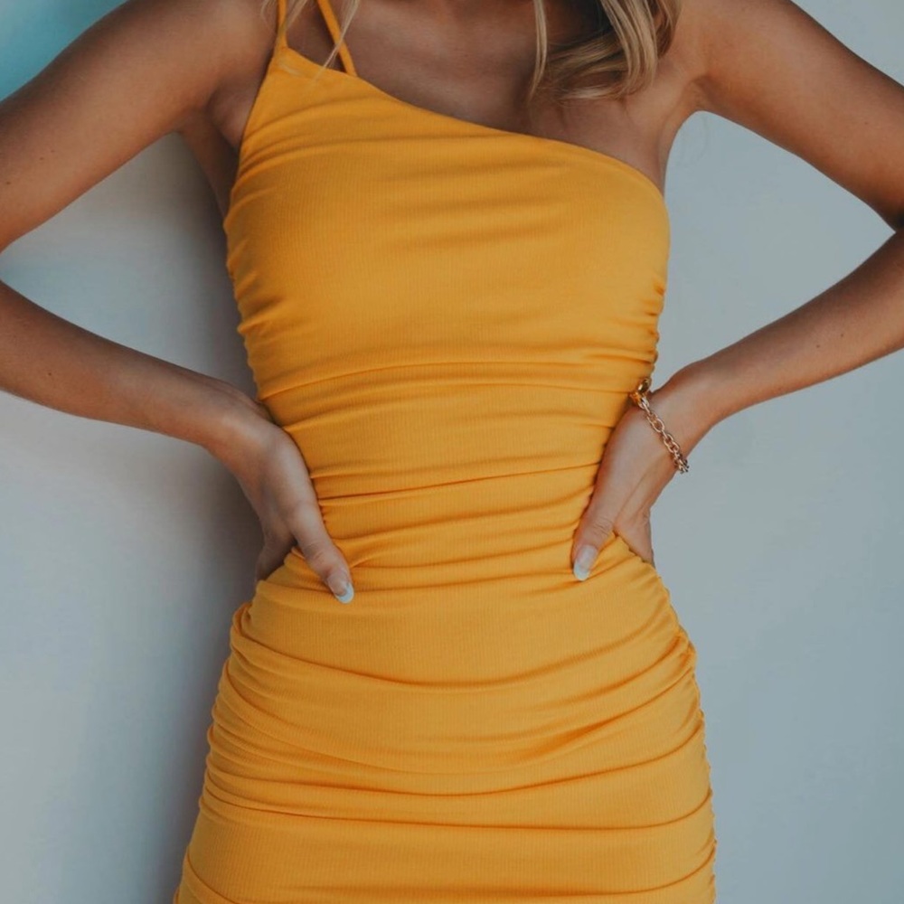 Orange One Shoulder Double Strap Mini Dress - Picture 3 of 4